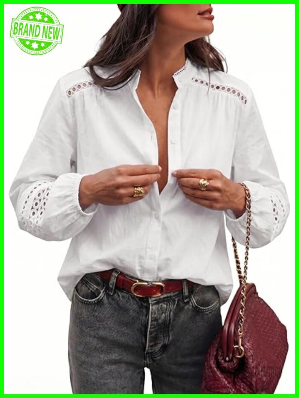 Cotton Linen Button Down Shirt Eyelet Lace Long Sleeve Blouse Boho Tunic